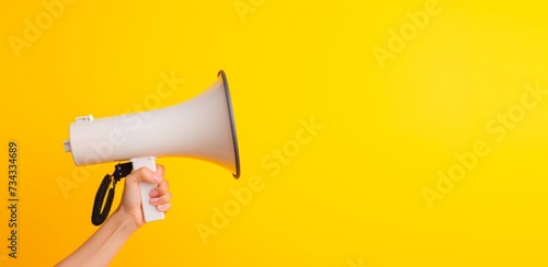 hand holding a loudspeaker on a yellow background with copy space