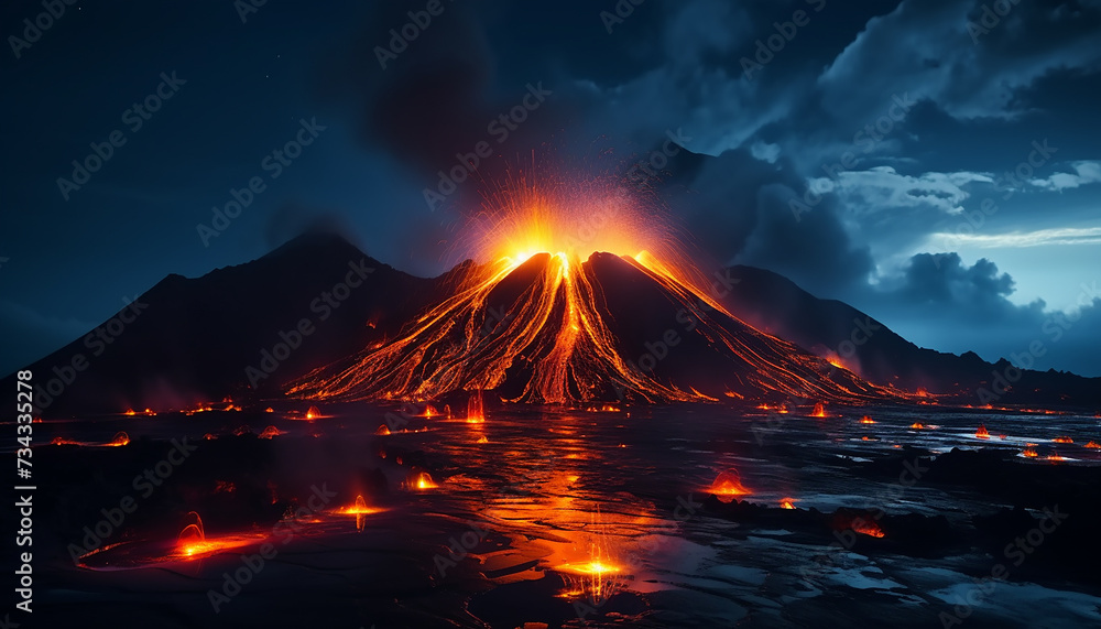 Burning mountain peak erupts, revealing beauty in nature mystery generated by AI