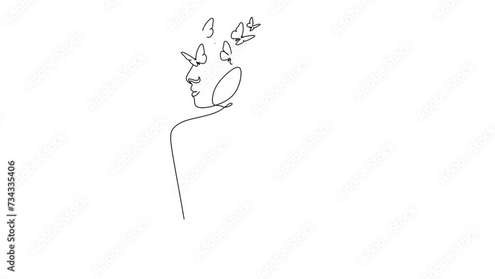 Animation of one line drawing woman with butterfly line art. Female abstract face butterfly botany portrait minimalistic concept. 4k stock video of a developing with alpha channel. Animation of one line drawing woman with butterfly line art. Female abstract face butterfly botany portrait minimalistic concept. 4k stock video of a developing with alpha channel.