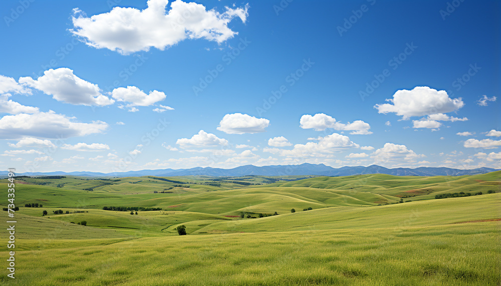 Idyllic rural landscape meadow, green grass, rolling hills, wheat generated by AI Idyllic rural landscape meadow, green grass, rolling hills, wheat generated by AI
