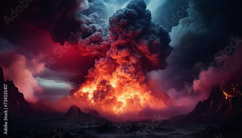 Burning sky explodes, nature inferno ignites destruction in landscape generated by AI