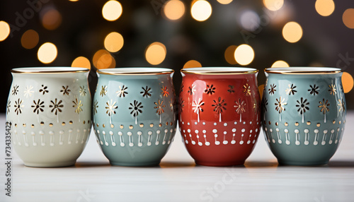 Bright, illuminated table decor with vibrant Christmas ornament collection generated by AI
