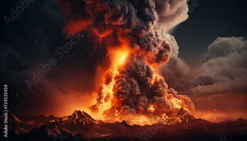 Burning mountain peak ignites night sky, creating fiery inferno generated by AI