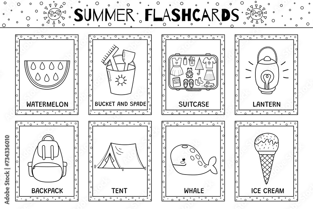 Summer flashcards black and white collection for kids. Flash cards set with cute characters for coloring in outline. Learning to read activity for children. Vector illustration