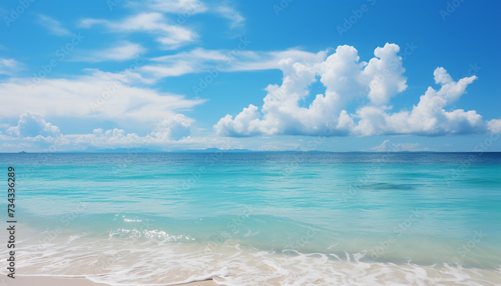 Fototapeta premium Idyllic turquoise waters edge reflects bright Caribbean sunset beauty generated by AI