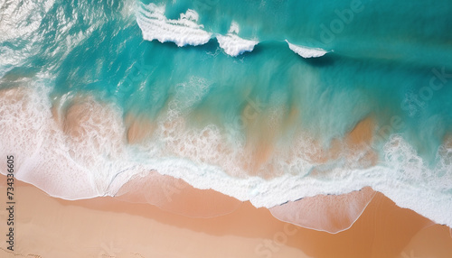 Turquoise waves break on sandy coast, reflecting sunset beauty generated by AI