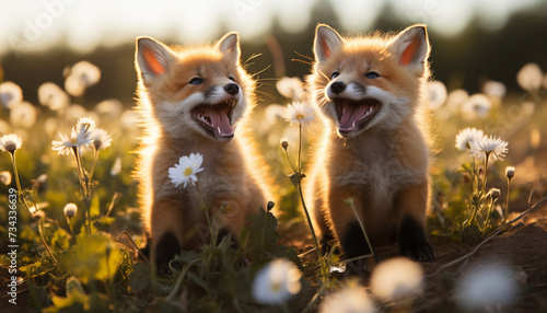 Cute puppy and kitten playing in the sunny meadow generated by AI