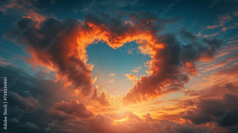 Heart made of clouds floating in the sky in the middle of a sunset generative ai