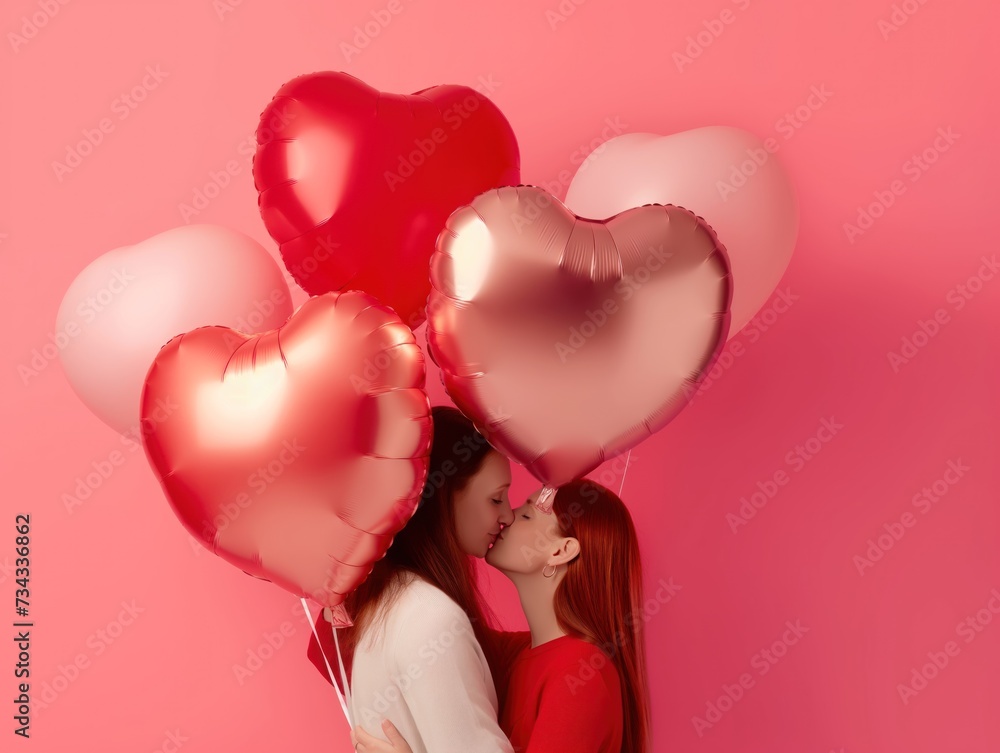 Happy holding balloons shaped hearts. Valentine's day celebration, happy caucasian couple on coral background. Concept of human emotions, facial expression, love, relations, romantic holidays Happy holding balloons shaped hearts. Valentine's day celebration, happy caucasian couple on coral background. Concept of human emotions, facial expression, love, relations, romantic holidays
