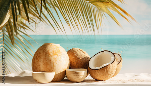 Coconut palm tree, sand, palm tree, drink, freshness, relaxation, tropical climate, coastline, coconut milk generated by AI