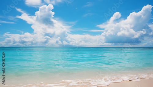 Idyllic turquoise waters edge, tranquil scene, clear sky, tropical climate generated by AI