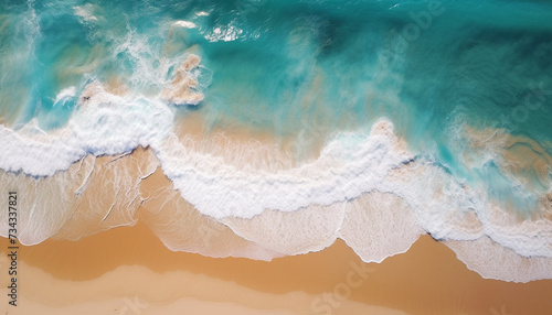 Blue wave splashing on sandy coastline, a beautiful summer landscape generated by AI