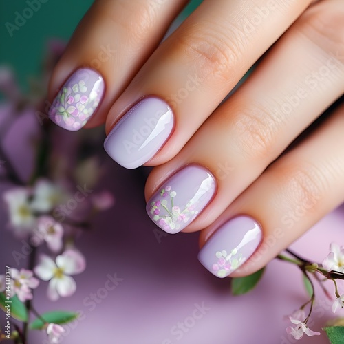 Close view of spring themed manicured nails with various lavender designs - Generative AI 