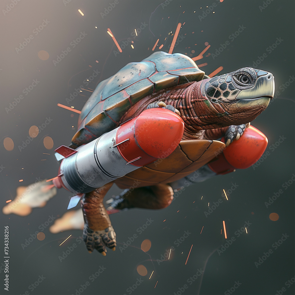 3D render a distinctive vision of a turtle transforming into a rocket in mid air 3D render a distinctive vision of a turtle transforming into a rocket in mid air