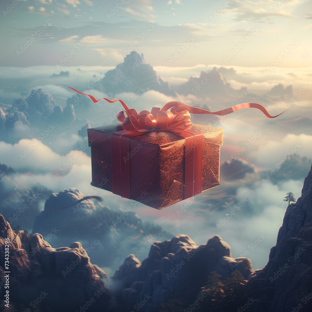 A mysterious gift box levitating over a misty fantastical landscape - obrazy, fototapety, plakaty 