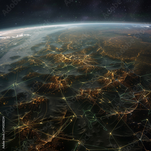 A continental mesh of interlocking cybernetic structures on earths surface