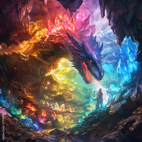 A dragon hoarding a mountain of multi colored magical ores in a fantasy cave photo