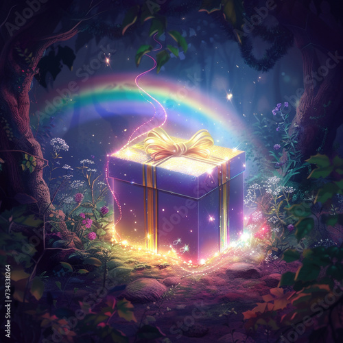 A magic gift box illuminated by a rainbow in a fantasy setting