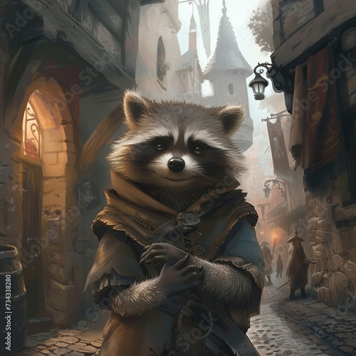 A medieval setting featuring a cartoon like raccoon as a mischievous character