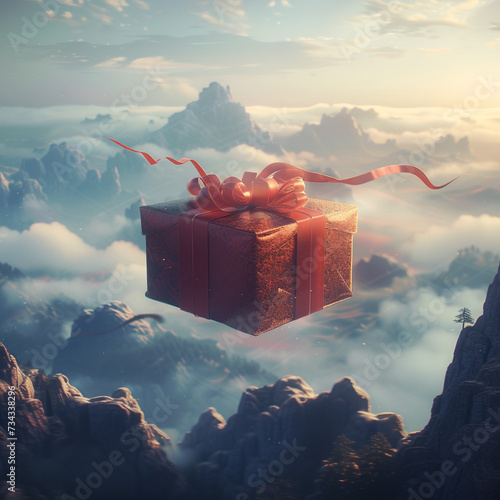 A mysterious gift box levitating over a misty fantastical landscape photo