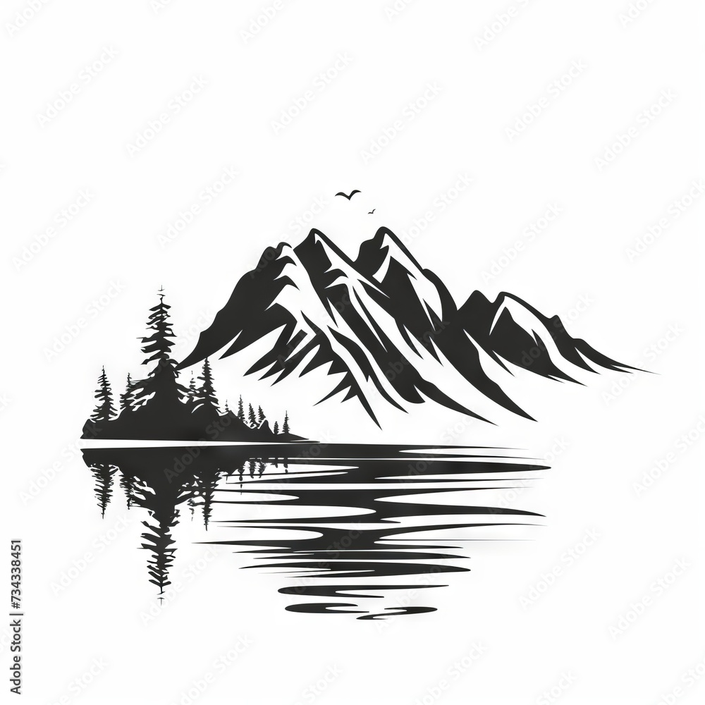Fototapeta premium Mountain Lake Tribal Vector Monochrome Silhouette Illustration Isolated on White Background - Tattoo - Clipart - Logo - Graphic Design Element