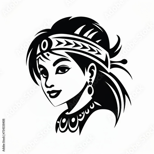 Native American Woman Tribal Vector Monochrome Silhouette Illustration Isolated on White Background - Tattoo - Clipart - Logo - Graphic Design Element  