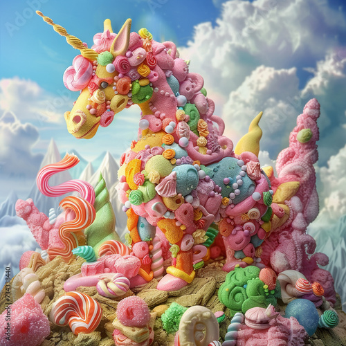 An illustration of a mythical creature made entirely out of candy and pastries