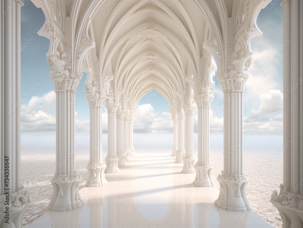 a white archway with columns and a sandy area