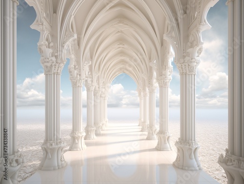 a white archway with columns and a sandy area
