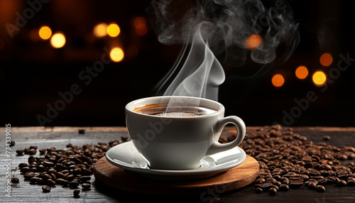 Hot coffee on wooden table, steam rising, inviting aroma generated by AI