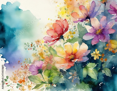 A background watercolor effect painterly image of a variety of garden flowers with copy space