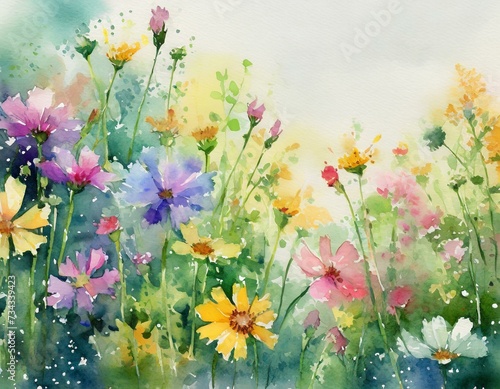 A painterly watercolor effect image of an abundance of various wildflowers with copy space