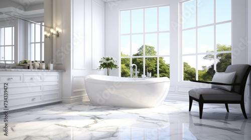 Elegant bath in minimalist bathroom with white marble floor, panoramic windows, quiet  luxury concept, banner photo