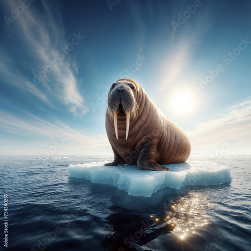 Walrus on a tiny floating patch of ice in ocean