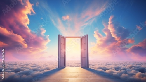 Doors open to a vibrant sky above the clouds. Concept of heaven, hope, dreams, positivity, new horizons, freedom, the unknown, mystery, wonder, and limitless possibilities.