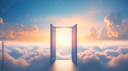 Gateway to dreamlike skyscape, inspiring wonder. Concept of heaven, hope, dreams, positivity, new horizons, freedom, the unknown, mystery, and limitless possibilities.