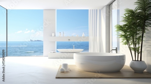 Minimalist contemporary bathroom with white colour palette, bath tub, sea views, quiet luxury concept, banner photo