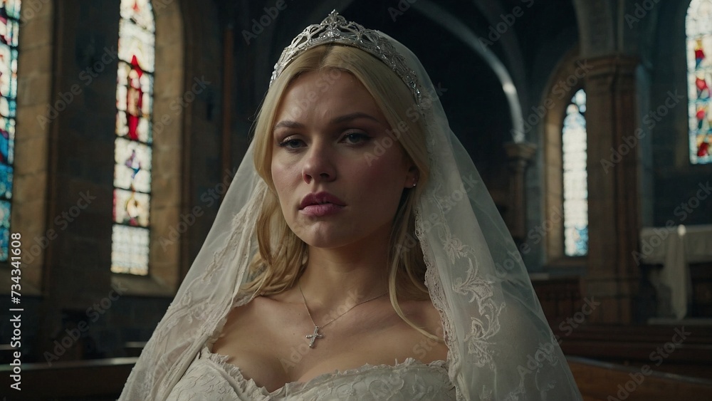 Elegant Bride in Veil Contemplating in a Historical Church Aisle Elegant Bride in Veil Contemplating in a Historical Church Aisle