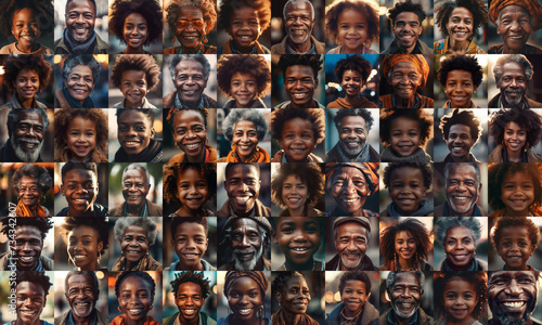 collage of black people smiling, collage of portrait, grid of 60 cheerful faces, group photo