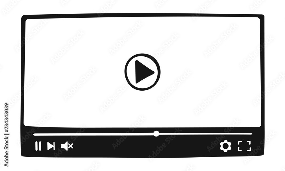 Video player interface in handdrawn style. Online film screen with progress slider bar and buttons. Multimedia mobile app window template for movie playing. Vector doodle illustration. Video player interface in handdrawn style. Online film screen with progress slider bar and buttons. Multimedia mobile app window template for movie playing. Vector doodle illustration.