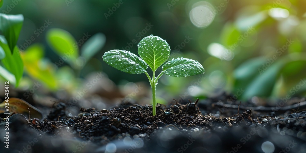 a green plant growing out of dirt - obrazy, fototapety, plakaty 