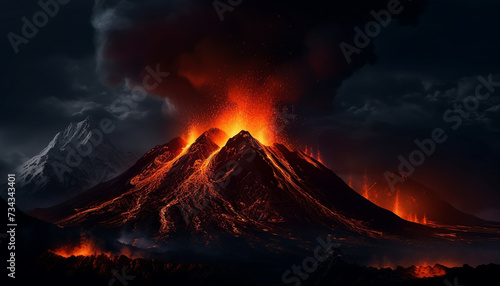 Majestic mountain erupts, flames dance in dark, dangerous volcanic landscape generated by AI