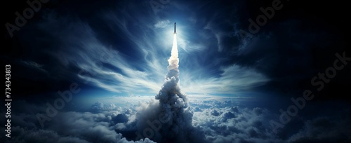 space shuttle or military missile arrack launch breakthrough the clouds in the sky for space exploration astronomy or ballistic rockets and air defense systems concepts