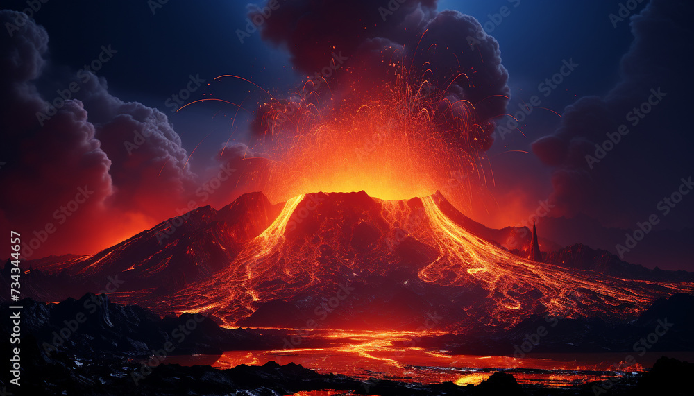 Glowing sunset ignites mountain peak, nature fiery beauty explodes generated by AI