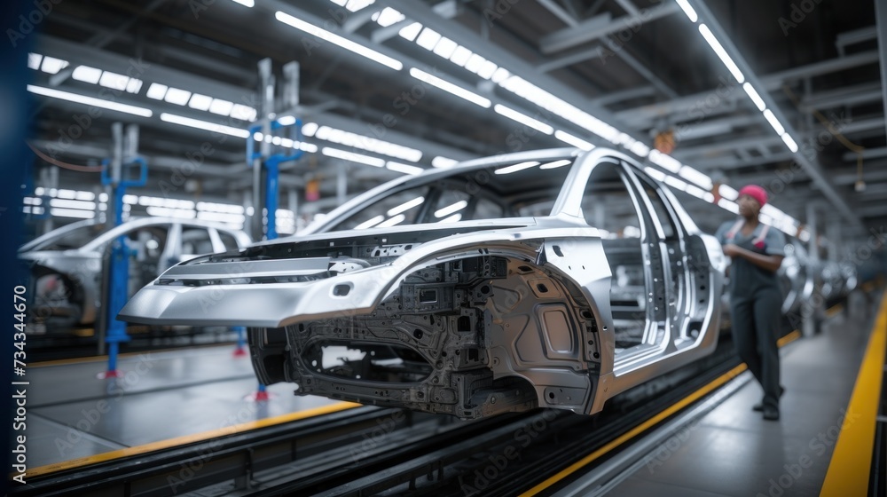 A man standing in front of a car assembly line, AI A man standing in front of a car assembly line, AI