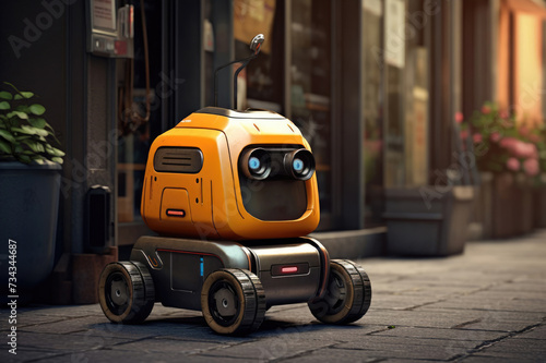 Retro robot on wheels on the street. 