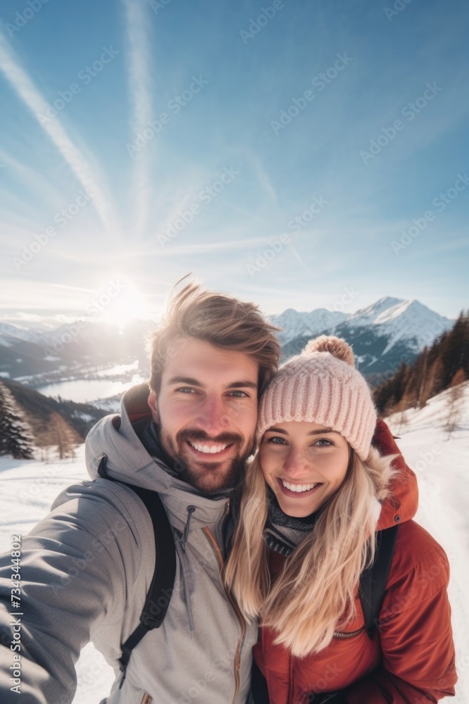 A couple taking selfie at snow