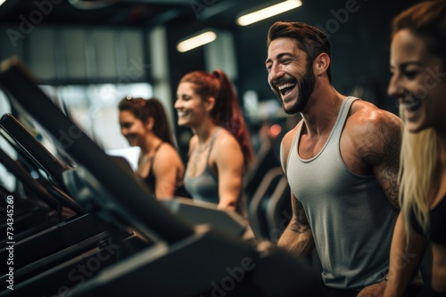 Friends laughing gym training. Workout lifestyle. Fictional person. Generate Ai