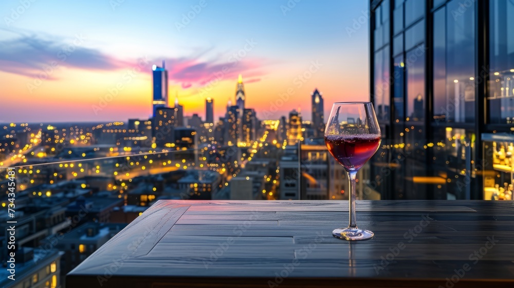 Glass of wine on a rooftop bar with a panoramic cityscape generative ai - obrazy, fototapety, plakaty 
