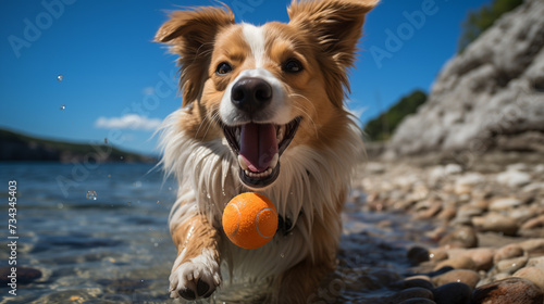 Sur une plage paisible, un chien joyeux court après une balle lancée par son propriétaire, sous le regard amusé des passants. photo